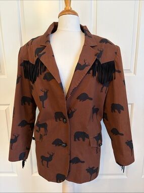 Brown Wildlife-Print Fringed Blazer Jacket